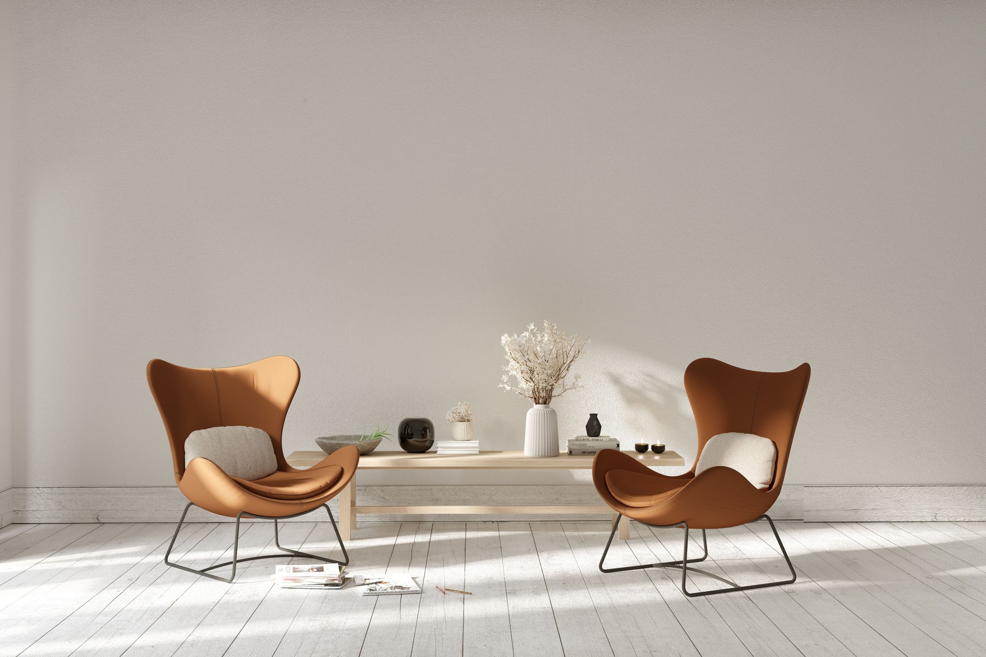 Modern orange armchairs in living room